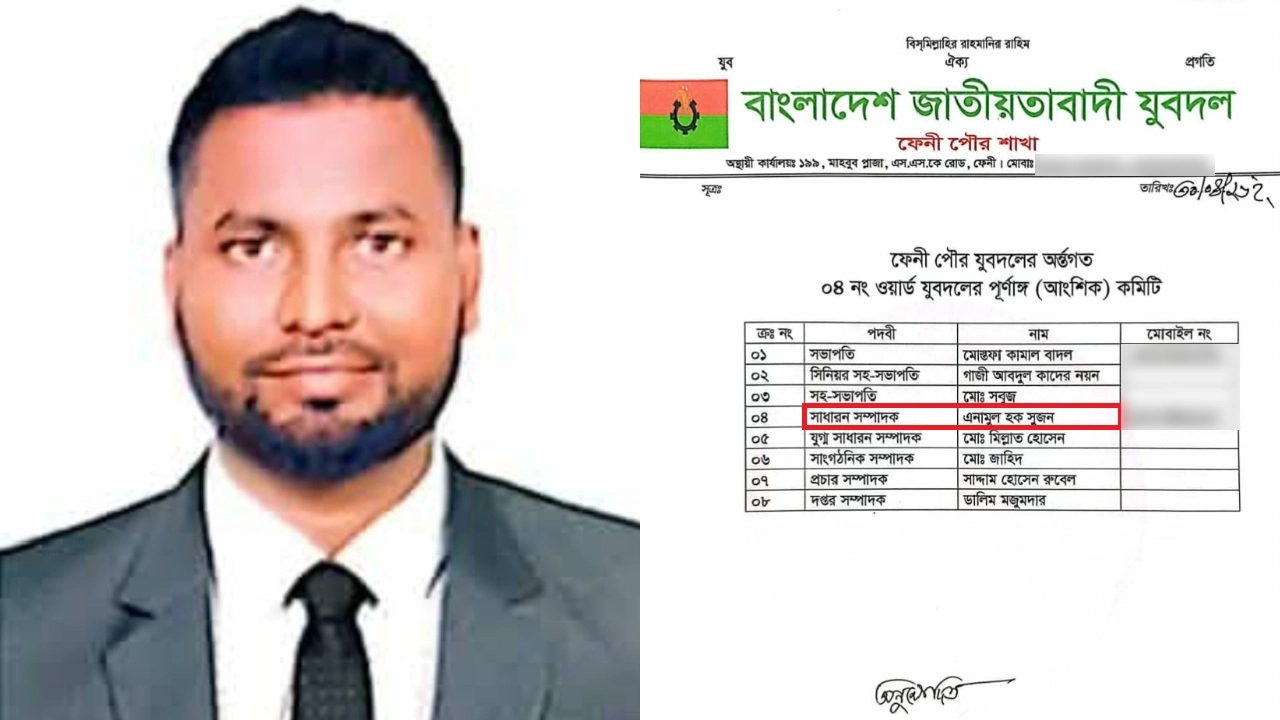 মামলার আসামি গাজী এনামুল হক সুজন ও ওয়ার্ড যুবদলের ঘোষিত কমিটি। ছবি : এশিয়া পোস্ট কোলাজ