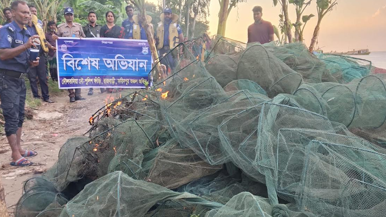পদ্মায় নৌ পুলিশের অভিযানে ৫২টি চায়না দুয়ারি জাল জব্দ