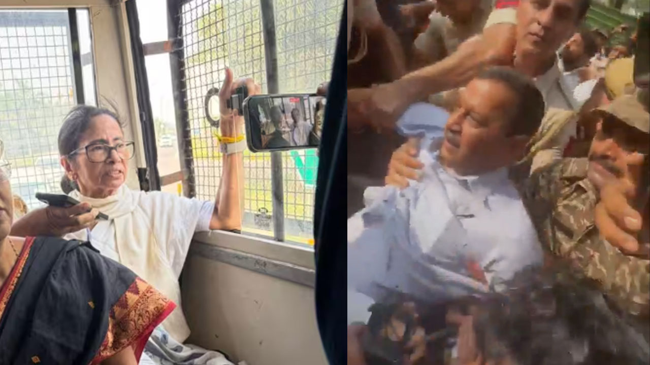 পুলিশের হাতে গ্রেফতার পশ্চিমবঙ্গের সাবেক মূখ্যমন্ত্রী মমতা বন্দোপাধ্যায় ও দিল্লির সাবেক মূখ্যমন্ত্রী কেজরিওয়াল। ছবি: এশিয়া পোস্ট কোলাজ