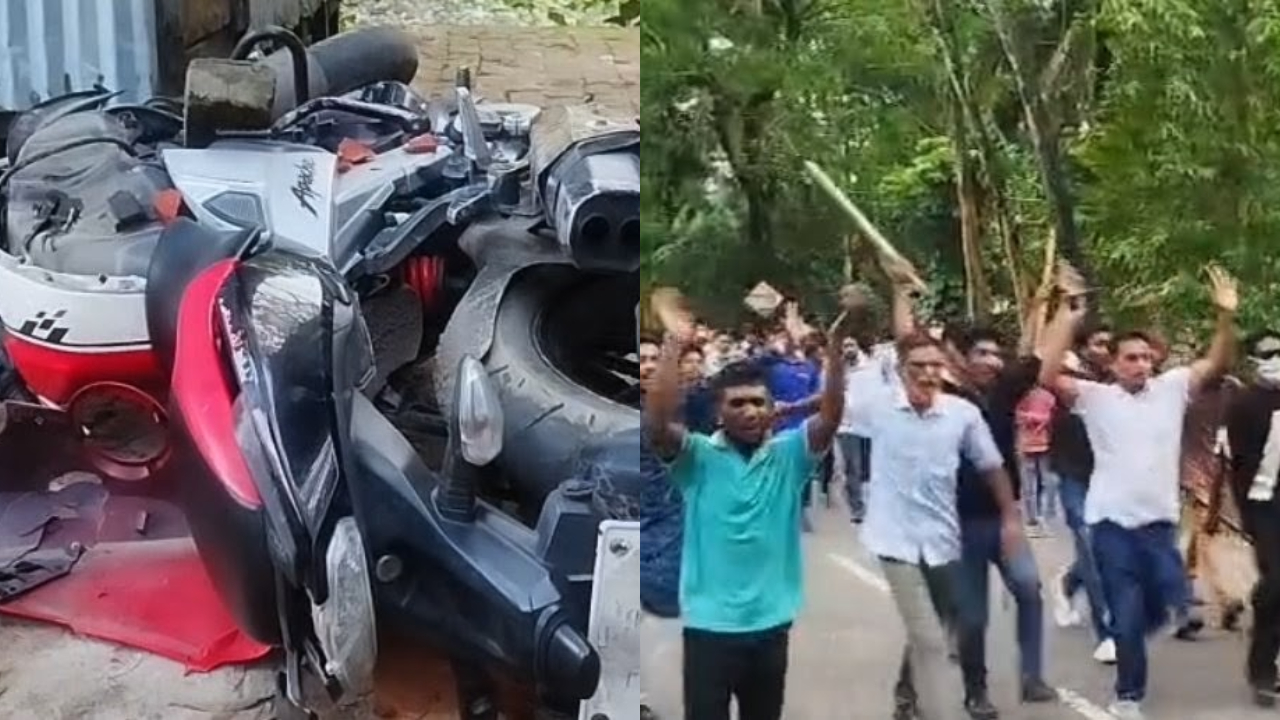 সংঘর্ষে ক্ষতিগ্রস্ত মোটরসাইকেল ও উত্তেজিন নেতাকর্মীরা। ছবি : এশিয়া পোস্ট কোলাজ