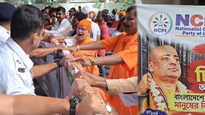 কলকাতার বাংলাদেশ মিশনে উত্তেজনা, ব্যারিকেড ভেঙে প্রবেশের চেষ্টা সন্ন্যাসীদের