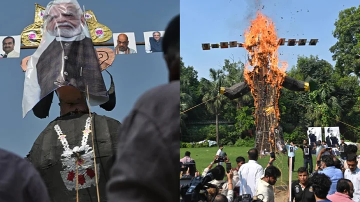 রাবণের মুখে মোদি-ট্রাম্প-দোভালের ছবি লাগিয়ে কুশপুত্তলিকা দাহ 