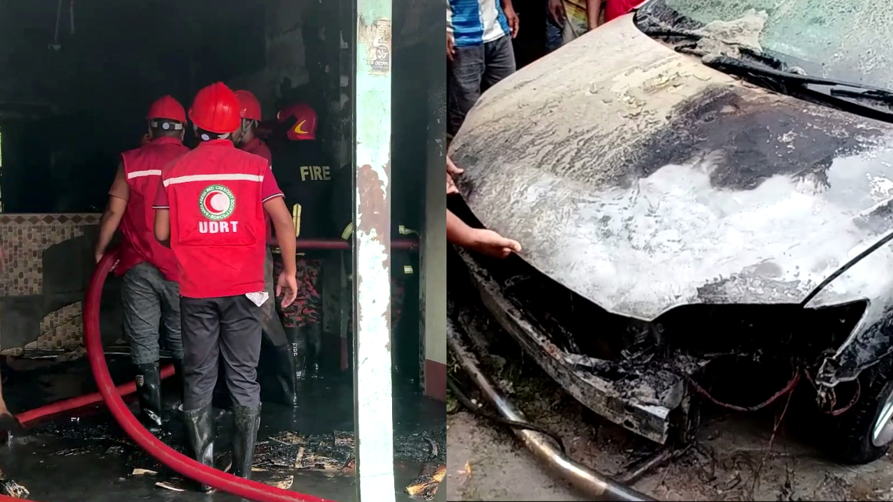 শেরপুরে আগুনে পুড়ল ৪ প্রতিষ্ঠান ও প্রাইভেটকার