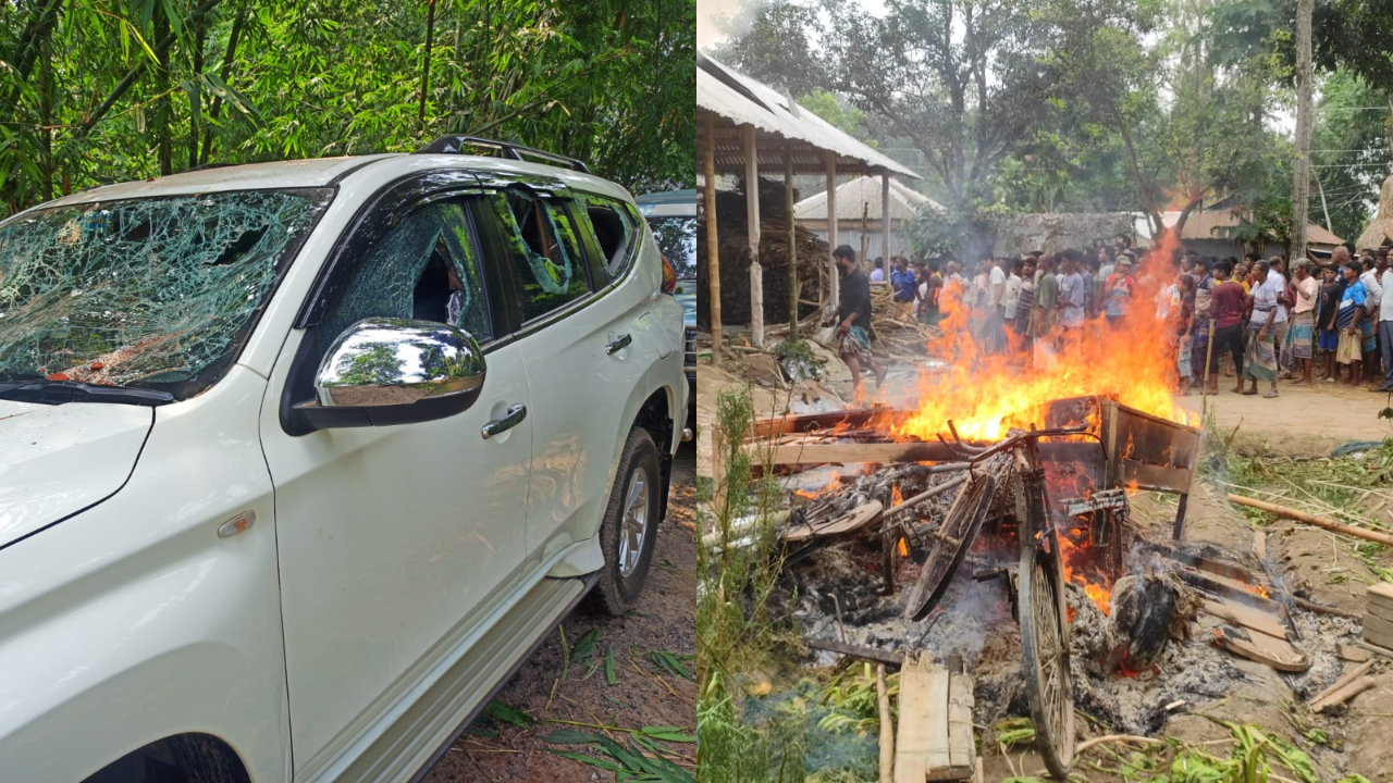 ডিসির গাড়িসহ প্রশাসনের সাতটি গাড়ি ভাঙচুর করা হয়েছে। ছবি : এশিয়া পোস্ট কোলাজ