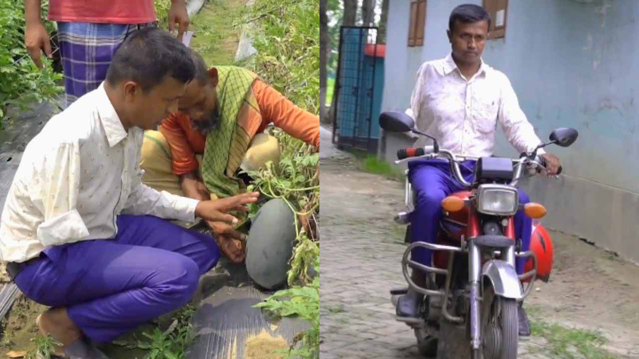 এক হাতে মোটরসাইকেল চালিয়ে কৃষিসেবা পৌঁছে দেন মফিজ উদ্দিন। ছবি : এশিয়া পোস্ট কোলাজ