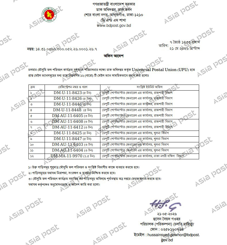 ডাক অধিদপ্তরের অফিস আদেশ।