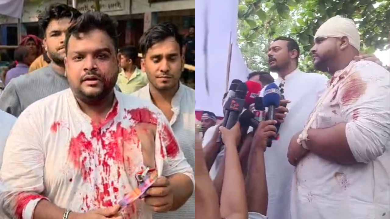 হামলায় আহত এনসিপির নেতাকে সঙ্গে নিয়ে বক্তব্য দেন নাসীরুদ্দীন পাটওয়ারী। ছবি : এশিয়া পোস্ট কোলাজ