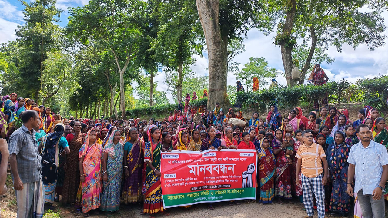 ৫০০ টাকা মজুরিসহ চার দাবিতে চা-শ্রমিকদের বিক্ষোভ