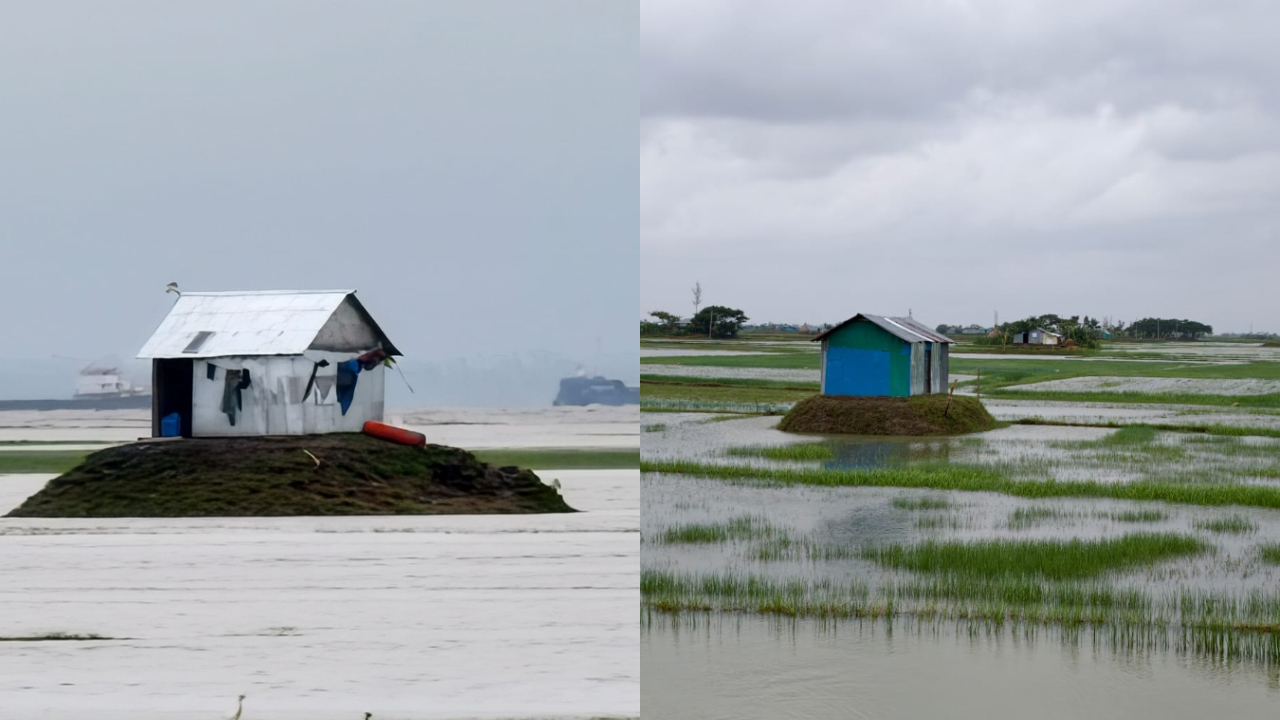 জেগে ওঠা চরে দখলের ছক, উঠছে সারি সারি ঝুপড়ি ঘর