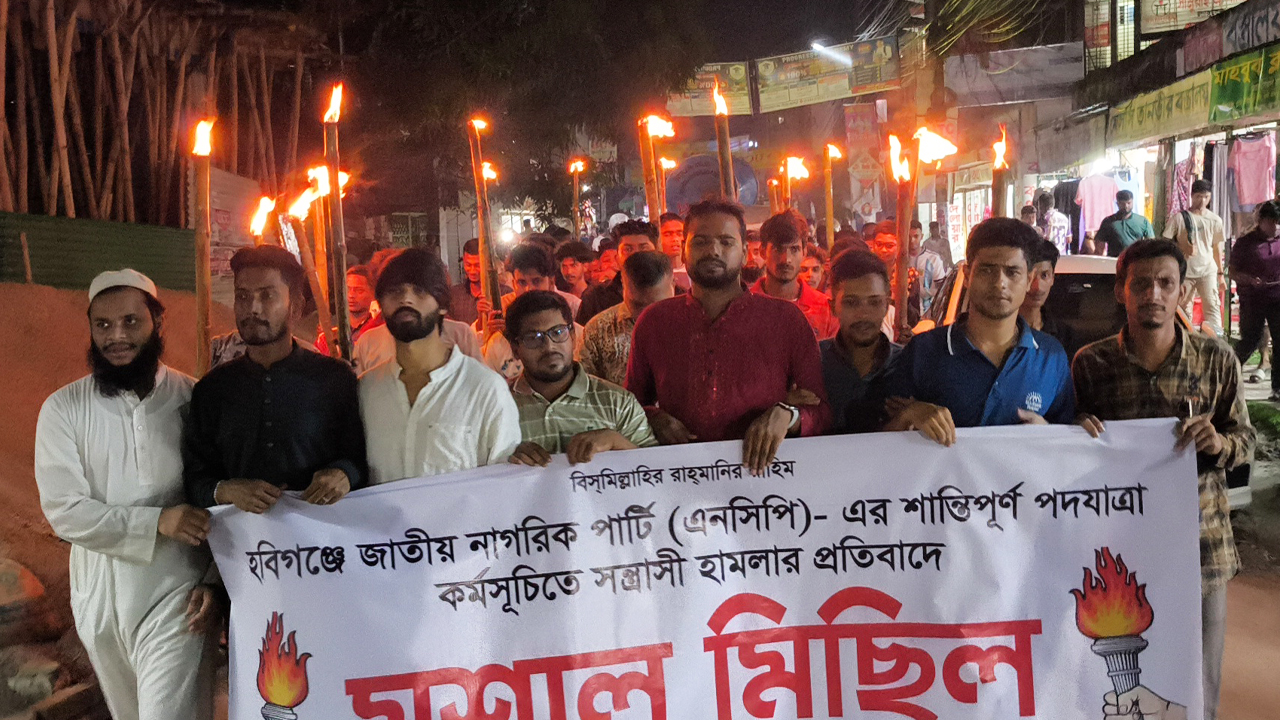 হবিগঞ্জে হামলার প্রতিবাদে জামালপুরে এনসিপির মশাল মিছিল