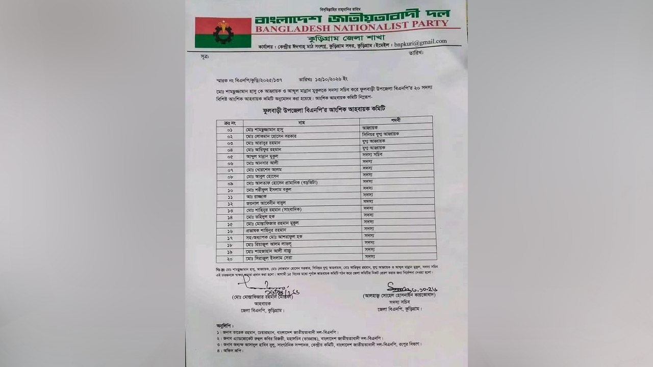 কুড়িগ্রামের ফুলবাড়ী উপজেলা বিএনপির ঘোষিত ২০ সদস্যের আহ্বায়ক কমিটির তালিকা। ছবি: এশিয়া পোস্ট