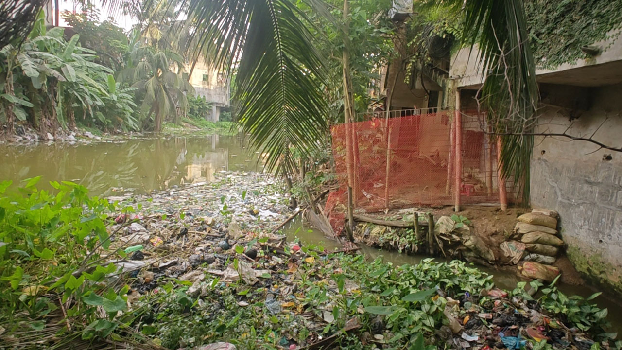 বর্জ্যে ভরাট হয়ে গেছে জলাশয়ের একাংশ। খাগড়াছড়ির মাটিরাঙ্গা উপজেলার পৌর শহরে। ছবি: এশিয়া পোস্ট