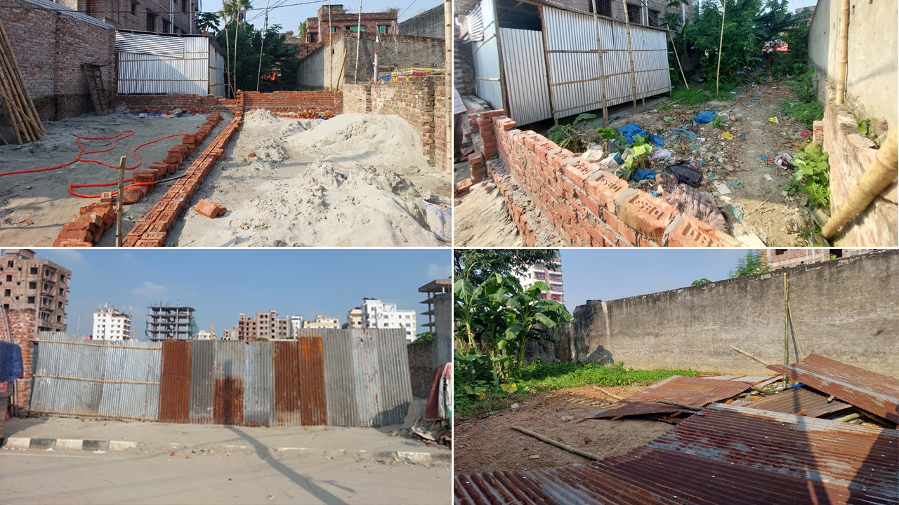 রাতের আঁধারে প্লটে থাকা স্থাপনা ভেঙে বেষ্টনী দিয়ে ঘিরে ফেলা হয়। পরে ভেতরে অস্থায়ী টিনশেড ঘর তৈরি করা হয়। ছবি: এশিয়া পোস্ট