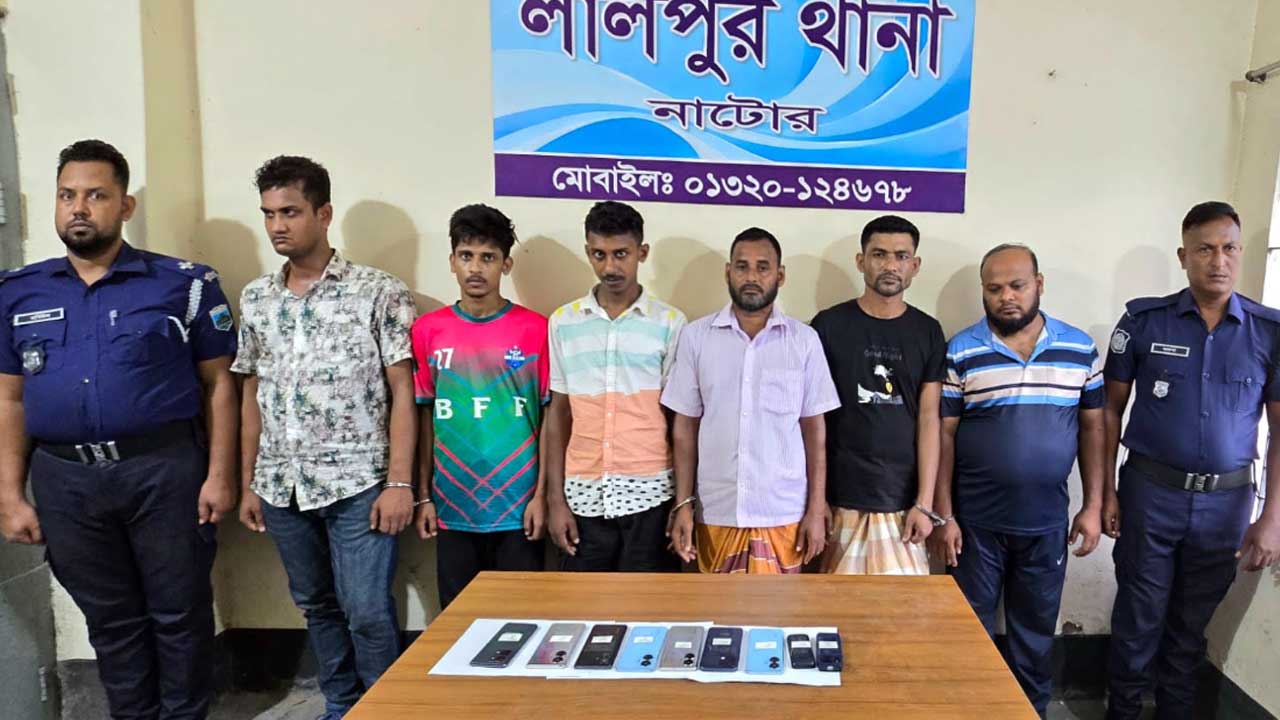 জব্ধকৃত আলামত ও পাঁচ সহযোগীসহ গ্রেপ্তার ‘হ্যাকার সর্দার’ ওহিদুল মোল্লা। ছবি : এশিয়া পোস্ট
