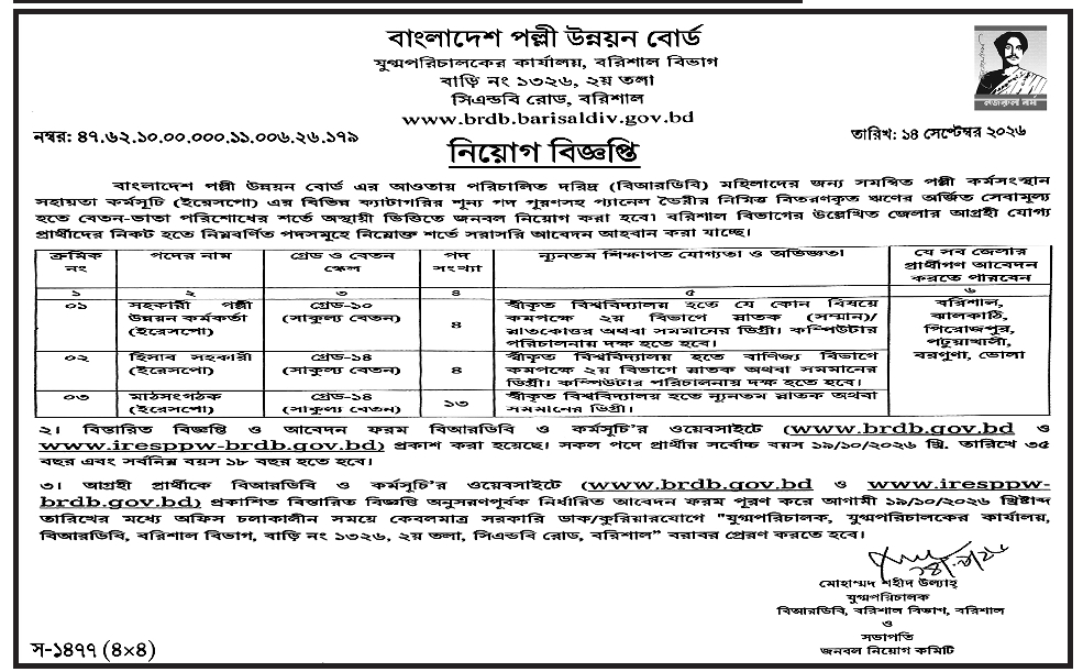 বাংলাদেশ পল্লী উন্নয়ন বোর্ডের বিজ্ঞপ্তি