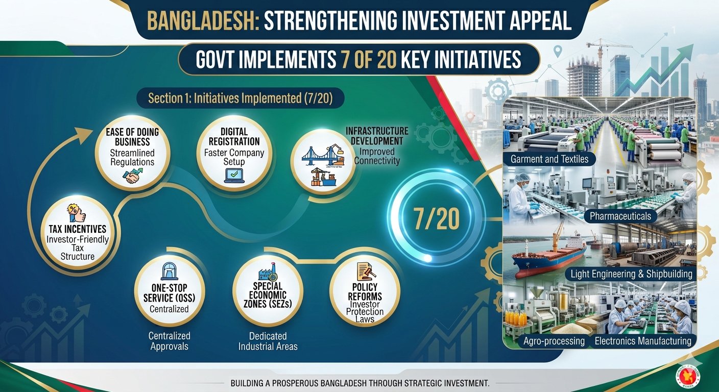Govt implements 7 of 20 initiatives to strengthen Bangladesh's investment appeal