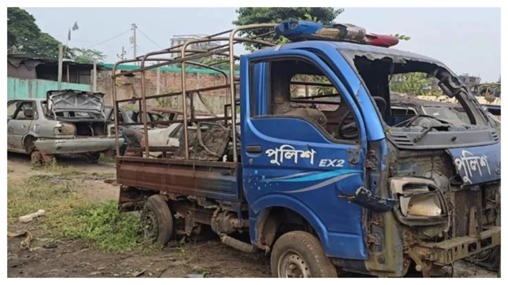 Police van used to burn six people during July Uprising recovered in Ashulia
