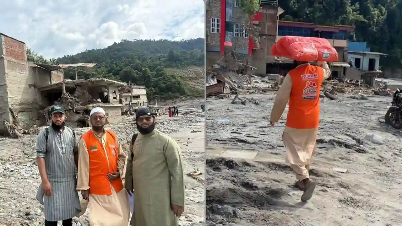 নেপালে পিসবের প্রতিনিধিদলের তিন সদস্য (বাঁয়ে) এবং ত্রাণসামগ্রী নিয়ে ছুটে যাচ্ছেন এক সদস্য। ছবি: সংস্থা সৌজন্যে
