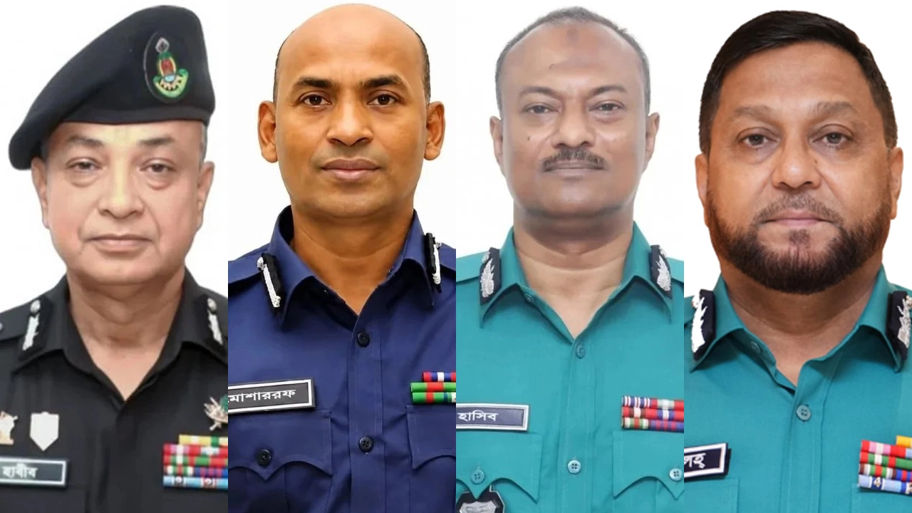 মো. আহসান হাবিব পলাশ, মোহাম্মদ মোশাররফ হোসেন, হাসিব আজিজ ও মোসলেহ উদ্দিন আহমদ। ছবি: এশিয়া পোস্ট কোলাজ