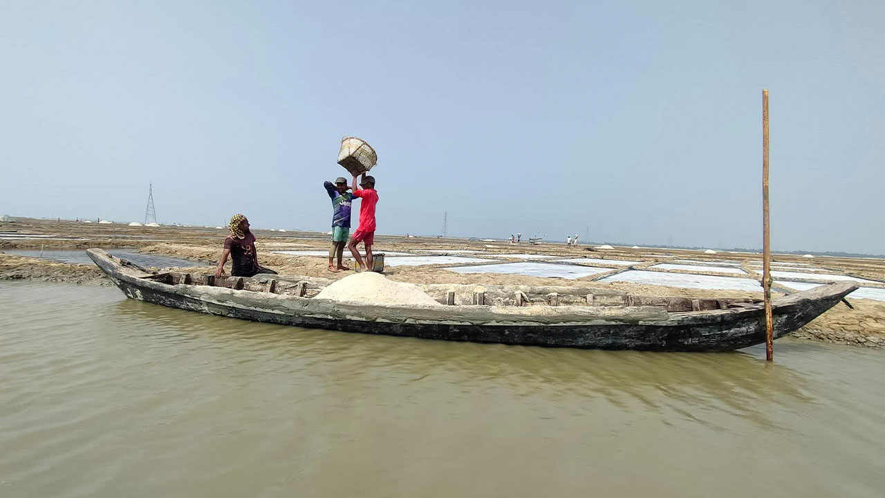 কক্সবাজারের মহেশখালীর কালারমারছড়া উত্তর নরবিলা লবণ মাঠে চাষিদের ব্যস্ততা। গত মৌসুমে তোলা। ছবি: এশিয়া পোস্ট
