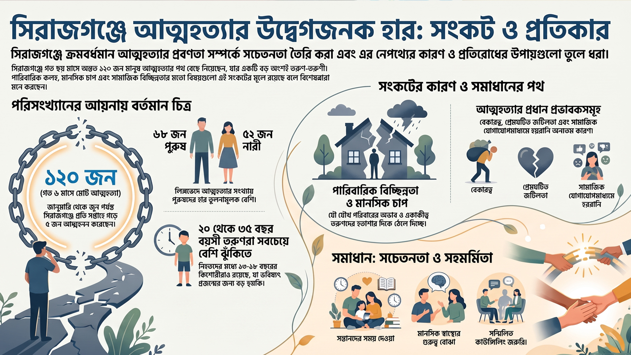 সিরাজগঞ্জে ছয় মাসে ১২০ জনের আত্মহত্যা, শীর্ষে তরুণ-তরুণীরা