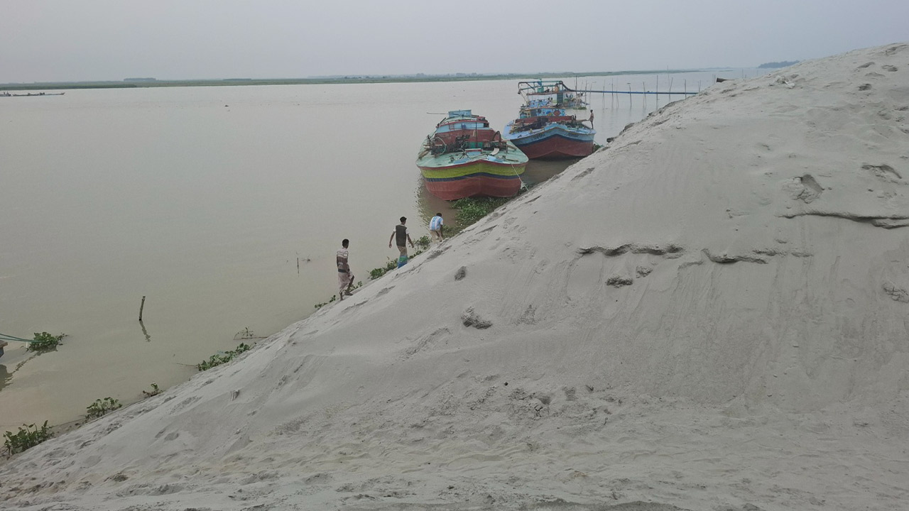 যমুনায় অবৈধ বালু উত্তোলন করে মজুত করা হয়। ছবি: এশিয়া পোস্ট