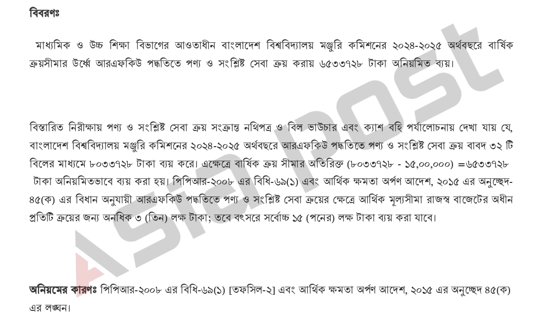 আরএফকিউ পদ্ধতিতে পণ্য ও সেবা ক্রয়ের অনিয়মিত ব্যয়ের অডিট মেমো। ছবি: এশিয়া পোস্ট