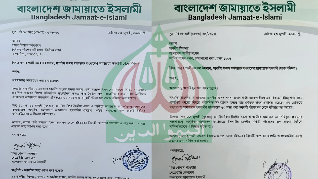 নজরুলের এমপি পদ বাতিলে স্পিকার ও ইসিকে দেওয়া চিঠিতে যা আছে