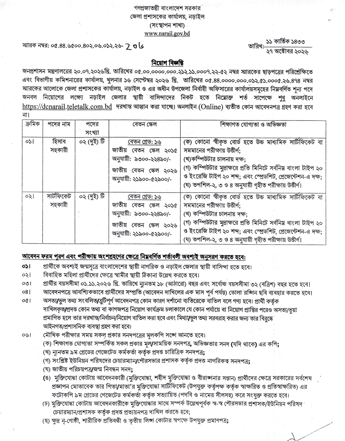 নিয়োগ বিজ্ঞপ্তি। ছবি: নড়াইল জেলা প্রশাসকের কার্যালয় থেকে পাওয়া
